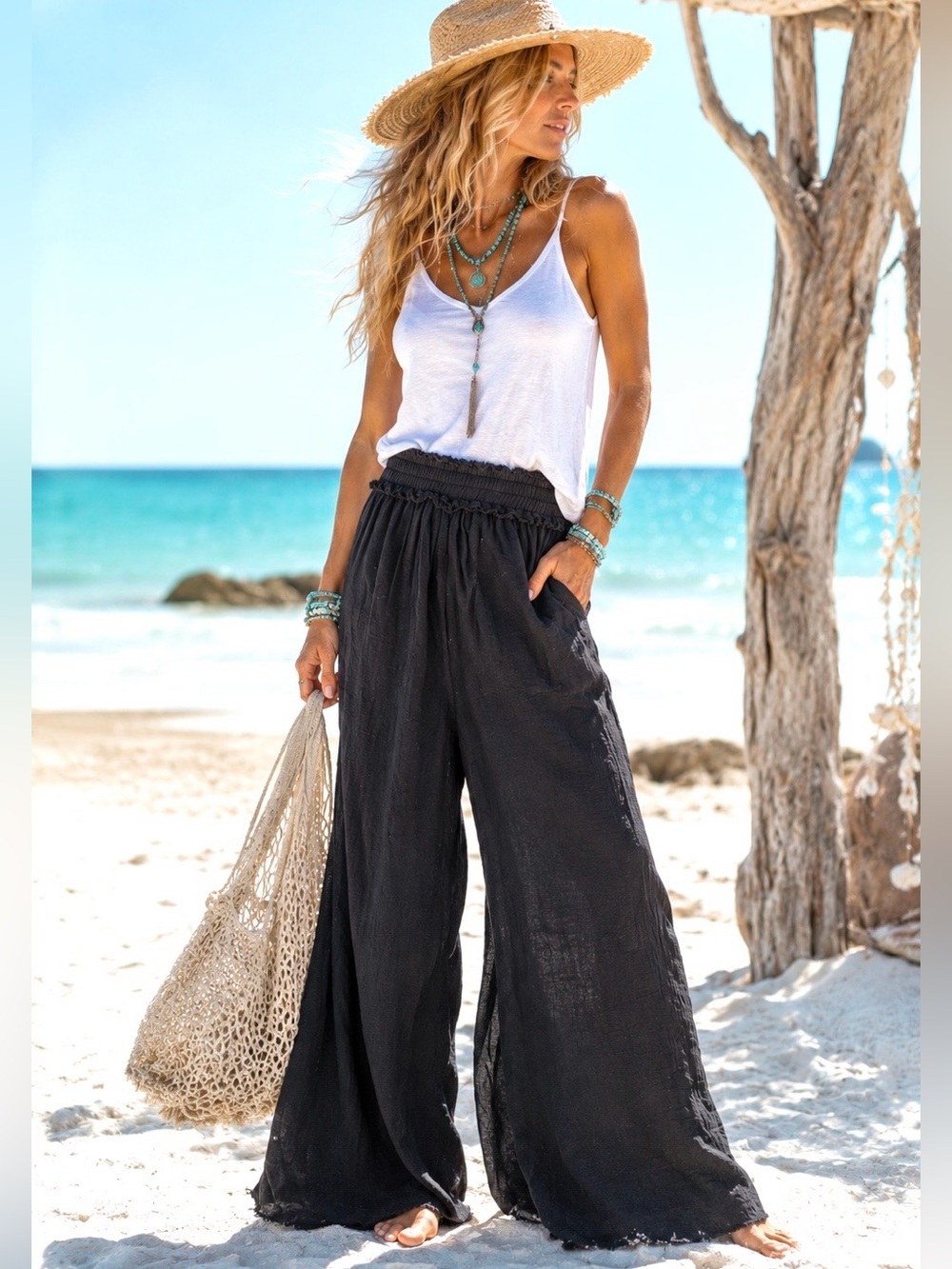 Caravana Black Cotton Gauze Wide Leg Pants OS Boho Resort Handmade NWT